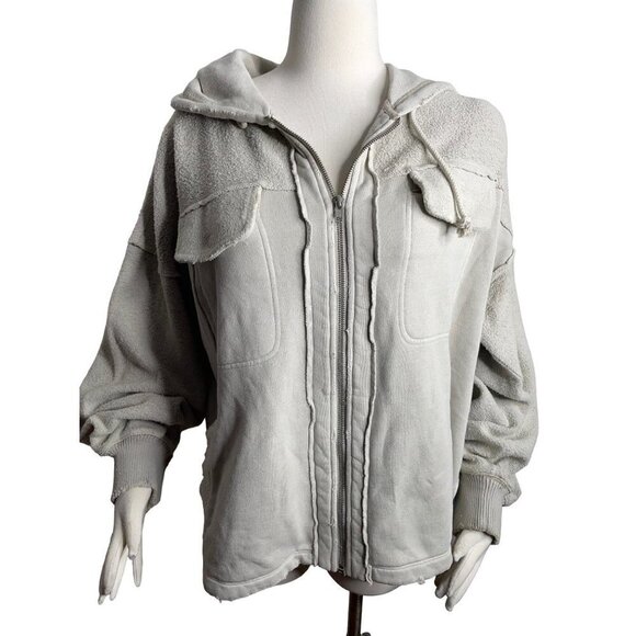 Free People Britney Cardi Jacket Hooded Sweatshirt Zip Front Oatmeal Size M NWT - Picture 3 of 10